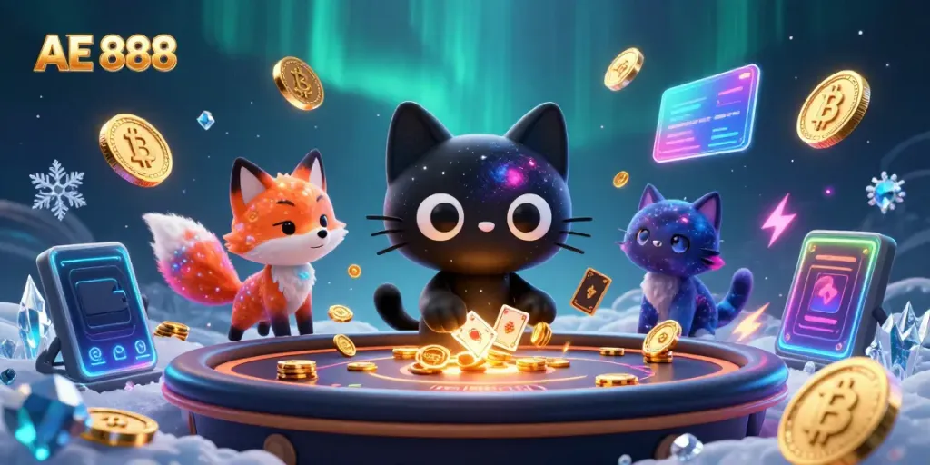 Engage with AE 888 at a vibrant cosmic casino featuring colorful characters and dynamic elements.