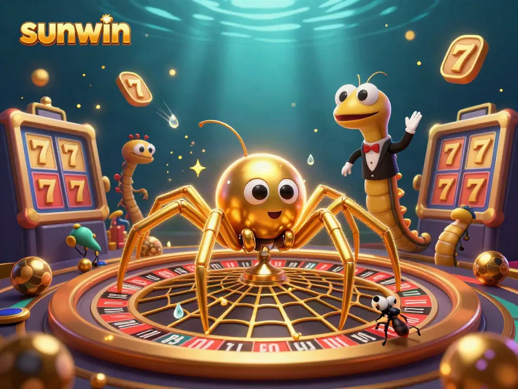 Spin and win at Sunwin's vibrant online casino scene with a golden spider and centipede croupier amidst dynamic slots.