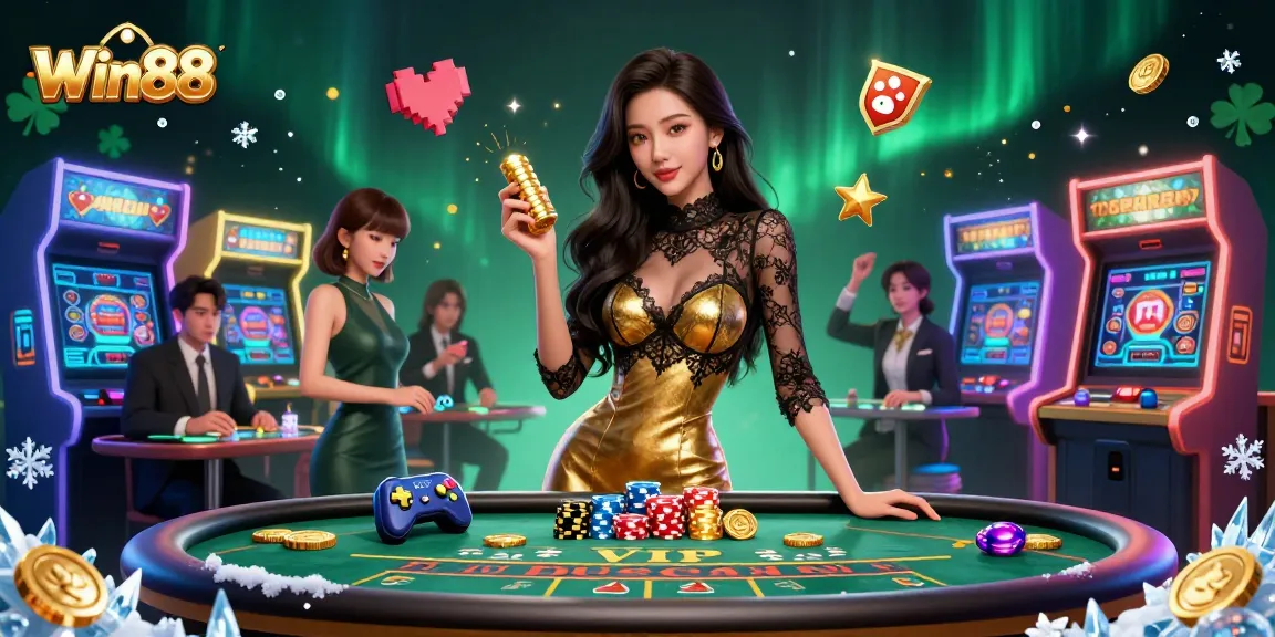 Win88 casino illustration showcasing an elegant Asian woman at a VIP baccarat table with glowing arcade elements.
