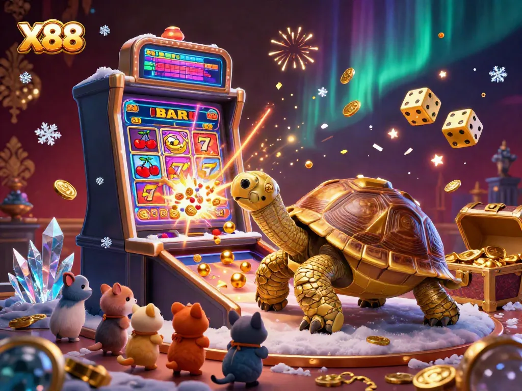 X88 gaming experience with a colossal golden tortoise as a pinball machine, surrounded by dynamic slot jackpots.
