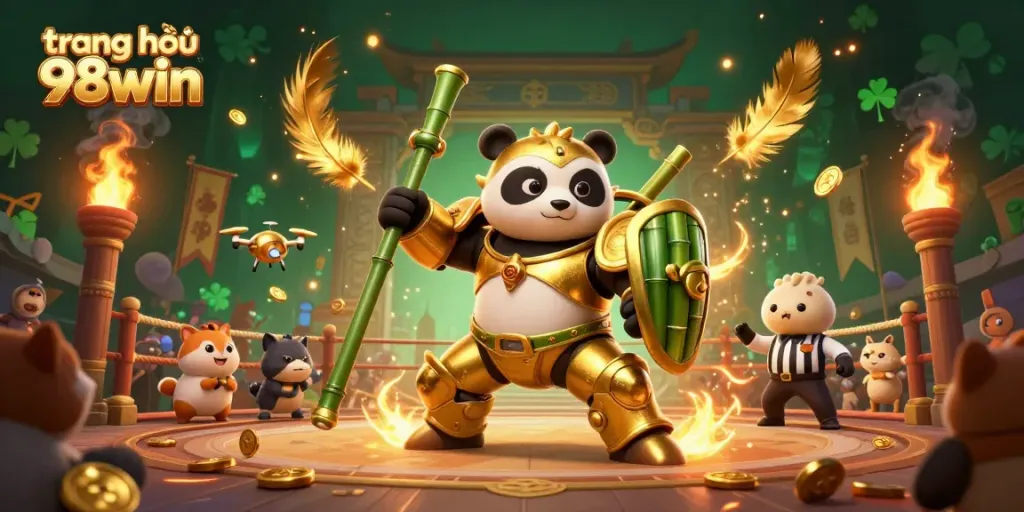 Experience the exhilarating action at trang chủ 98win, featuring a golden panda mech battling in a lively arena.