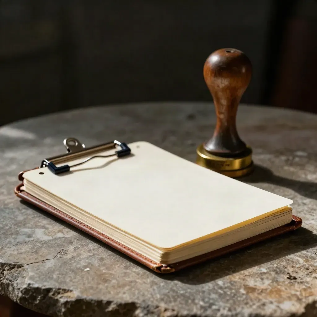 Worn contact notebook, brass stamp and paper sleeve on warm stone in moody studio light