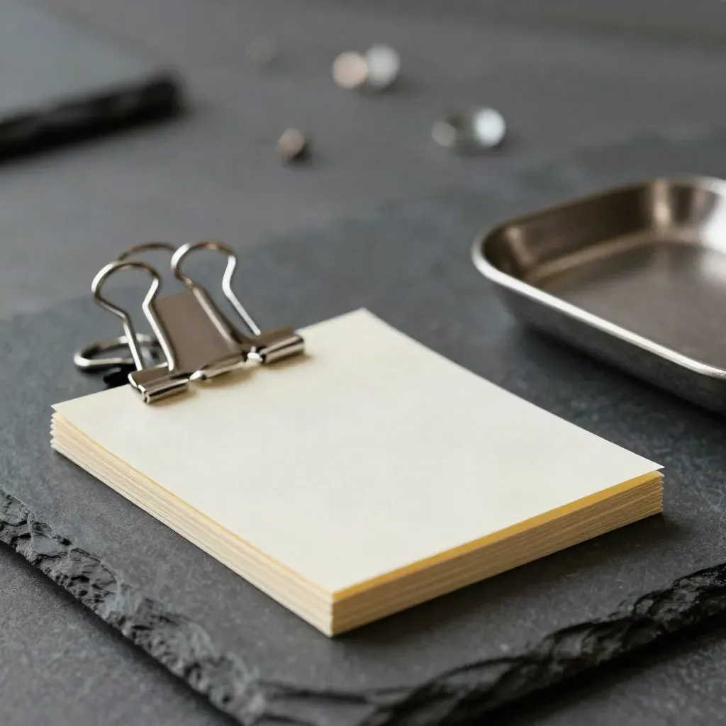 Task clips and a memo sleeve on a brushed metal tray over dark slate stone.