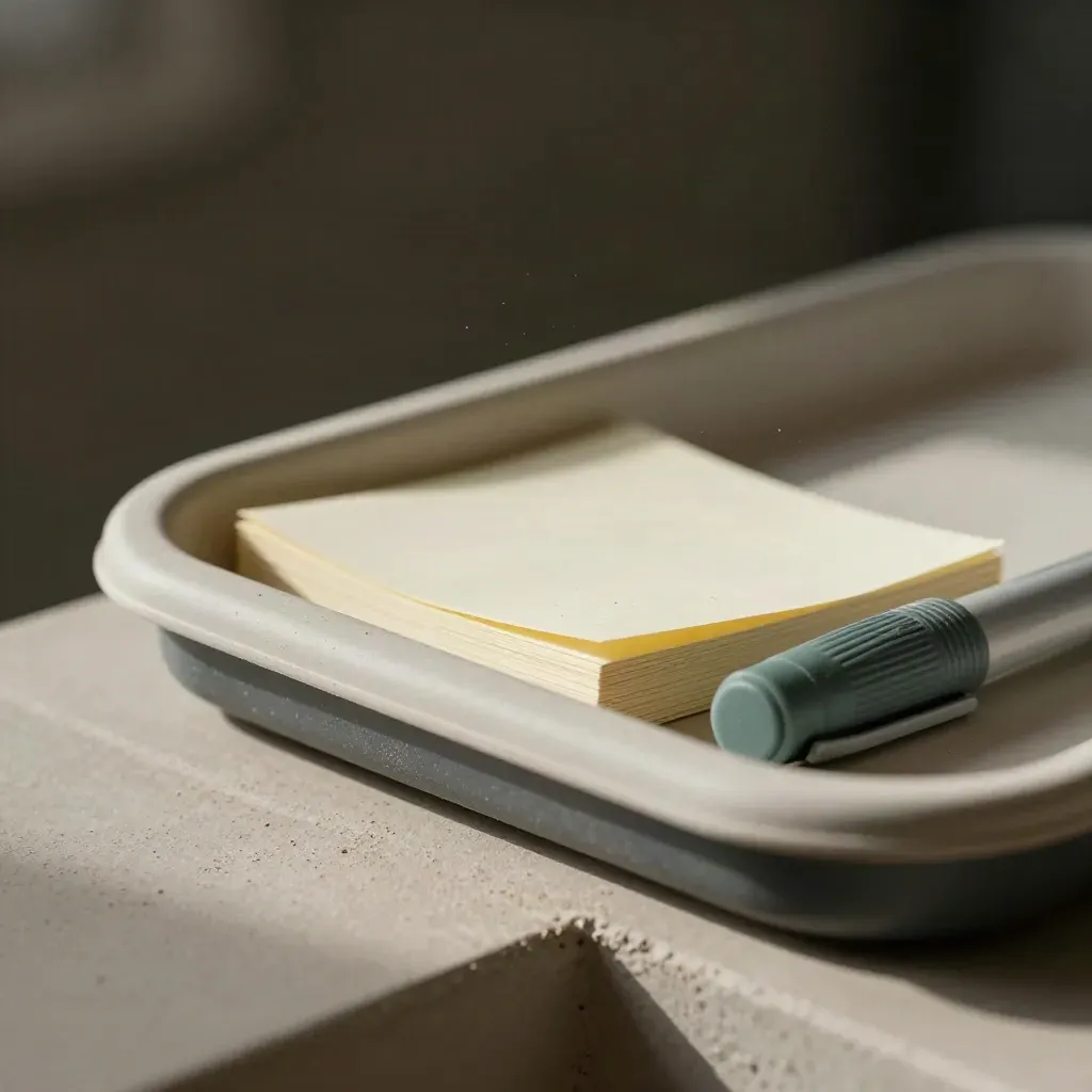 Macro still life of a filing tray, memo stack, and pen cap on pale plaster.