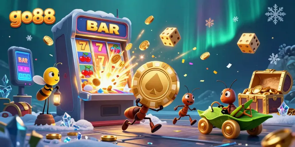 Engage in thrilling action with go88 as ants heist a giant poker chip amidst casino chaos.