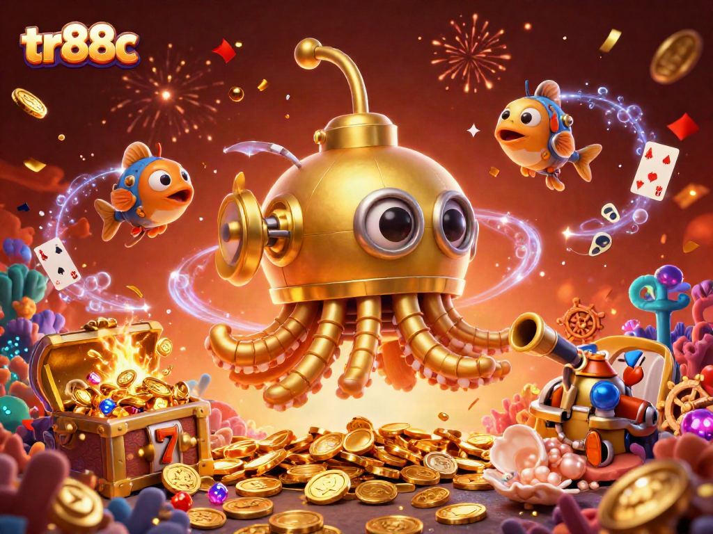 tr88c transforms gameplay with a vibrant kraken submarine defeating challenges amid sparkling coins.