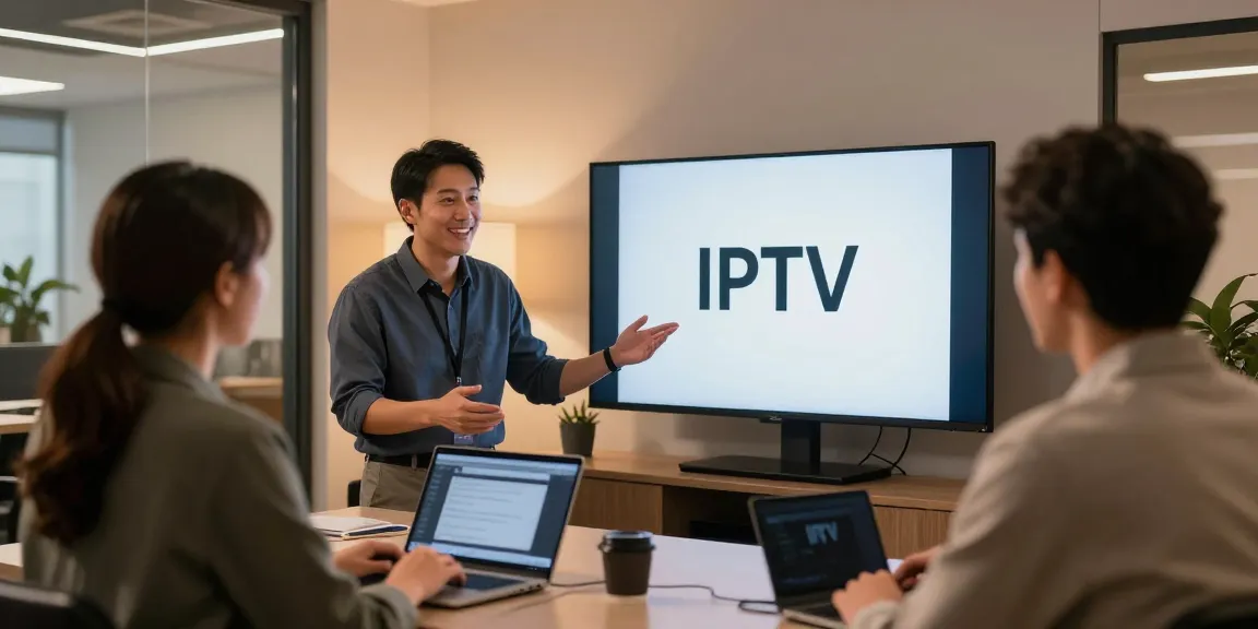 IPTV reseller demonstrating service in a professional office, trusted provider of local streaming solutions.