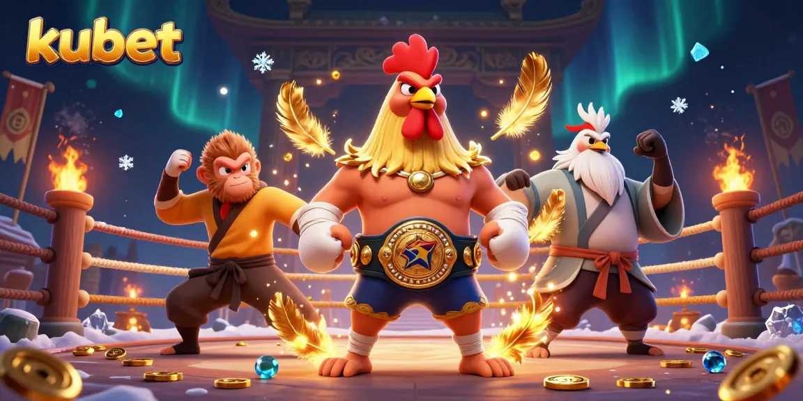 Kubet enhances excitement with a vibrant 3D scene featuring a Muay Thai rooster, Shaolin monkey, and wise crane in a dynamic betting arena.