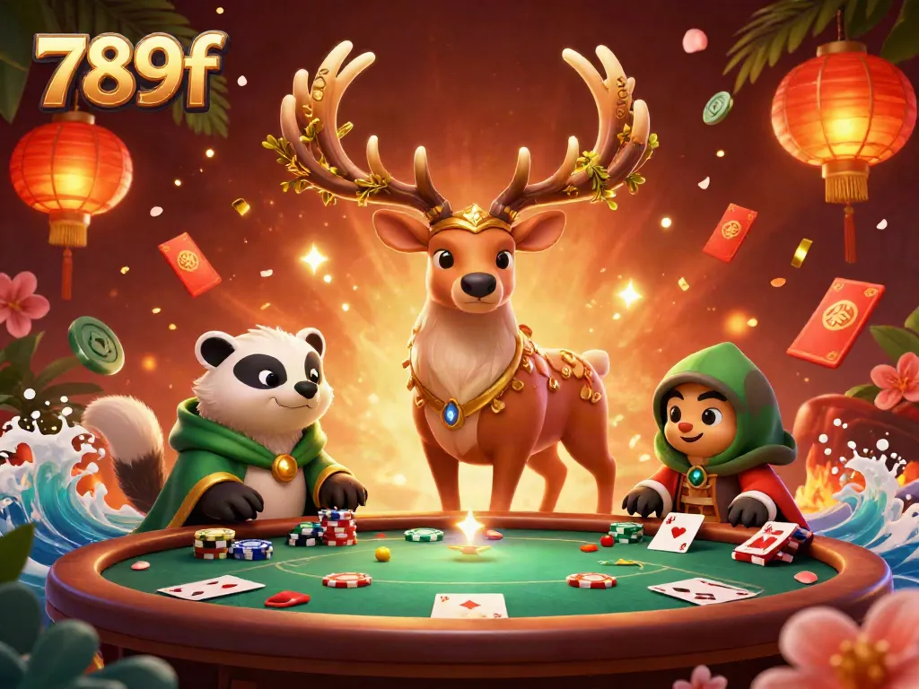 Engage in the thrilling world of 789f casino with poker gameplay, vibrant characters, and festive elements.