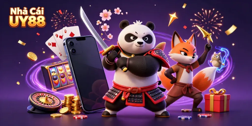 Engaging scene featuring Nhà Cái UY88 with vibrant casino characters, slot games, and dynamic gaming elements.