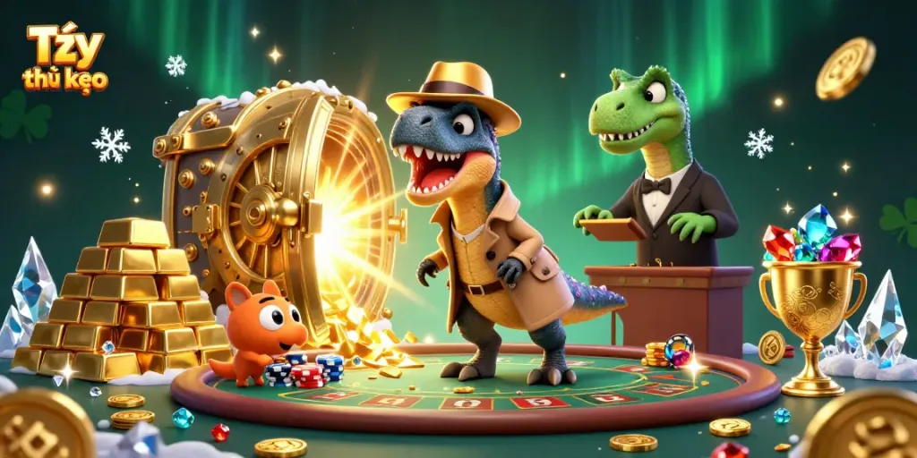 Experience Tỷ lệ kèo action at a vibrant casino scene with a velociraptor card counter and treasure
