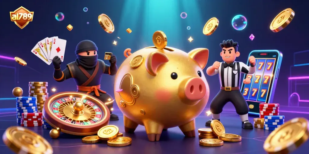 Alo789 enhances excitement in a 3D scene with a golden piggy bank sumo wrestler shaking golden coins amidst vibrant casino elements.