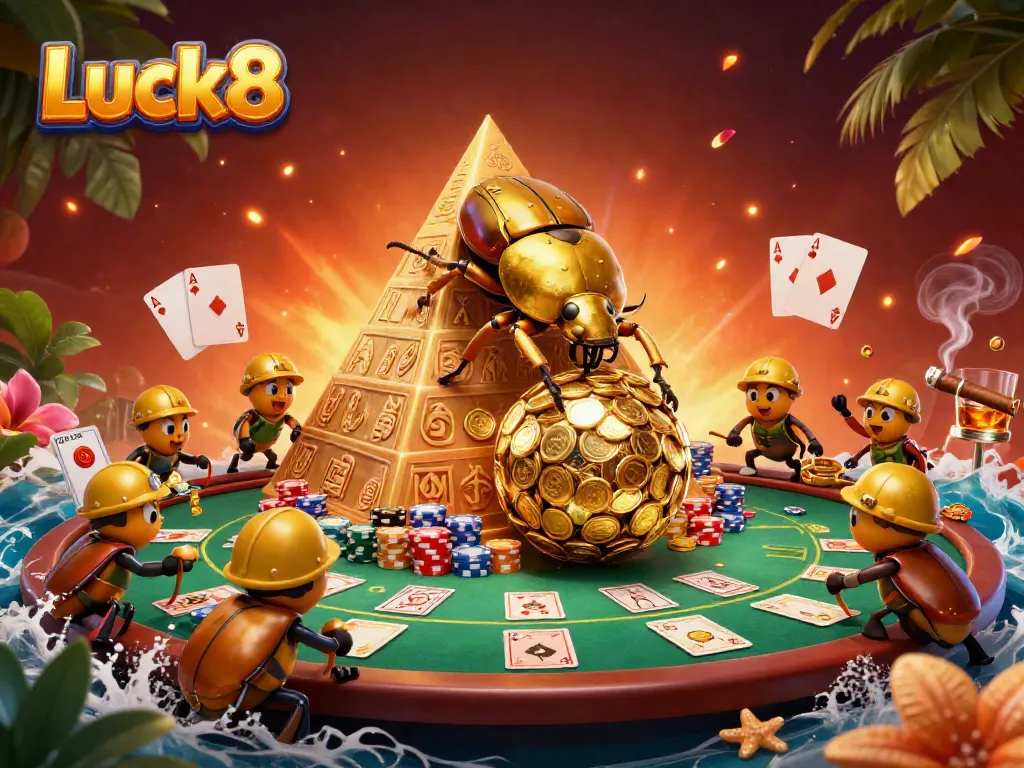 Experience the thrill of Luck8 with a vibrant illustration of casino elements featuring a golden dung beetle.