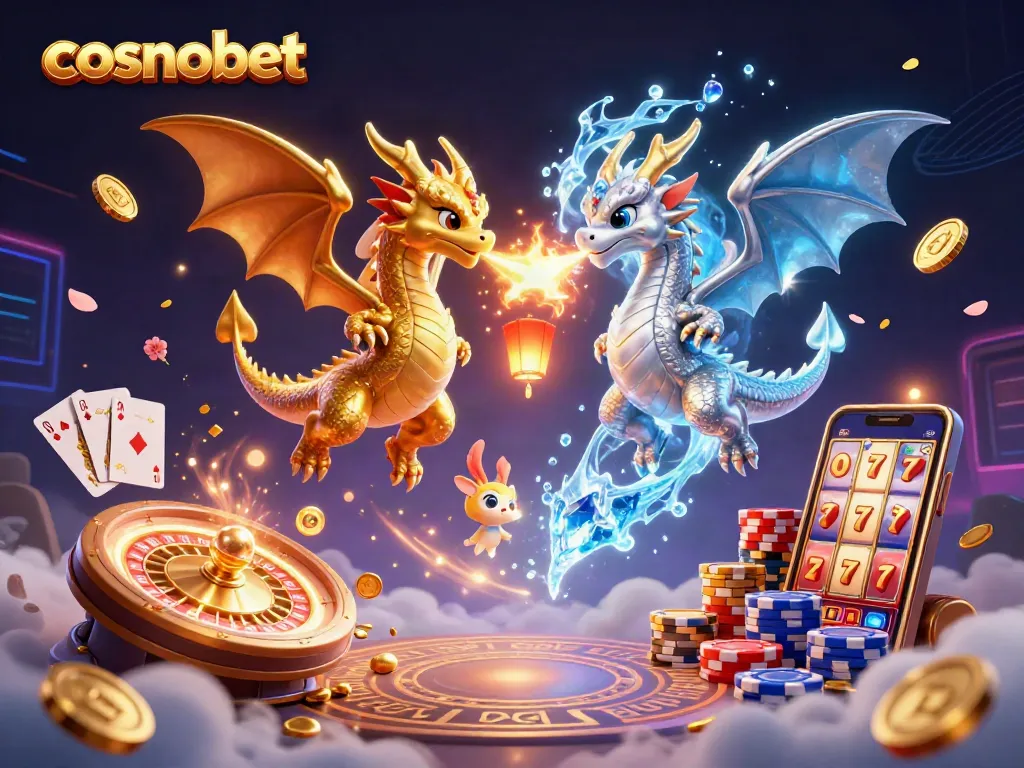 Experience thrilling gameplay with cosmobet, featuring dragons and casino elements in an animated scene.