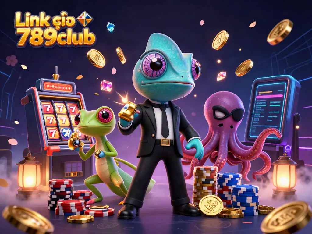 Engage in thrilling action with the illustrated scene showcasing Link vào 789club, featuring a chameleon agent and dynamic casino elements.