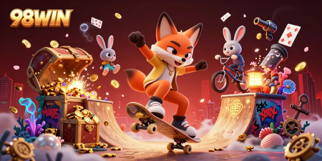Experience the thrill of 98WIN with animated characters amidst dynamic casino-themed elements.