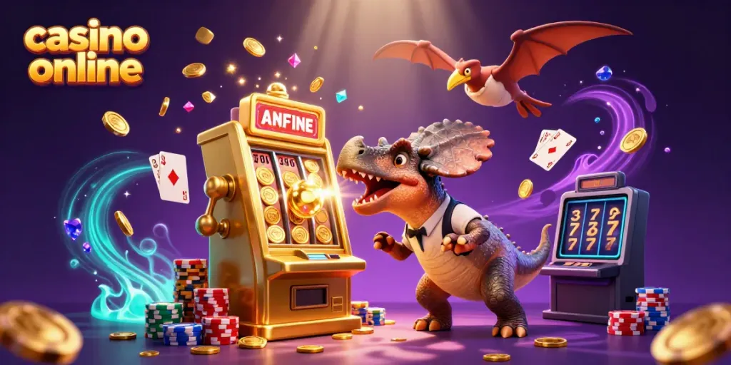 Engage in thrilling casino online games with a cartoon dinosaur scene featuring jackpot action and dynamic winning energy.