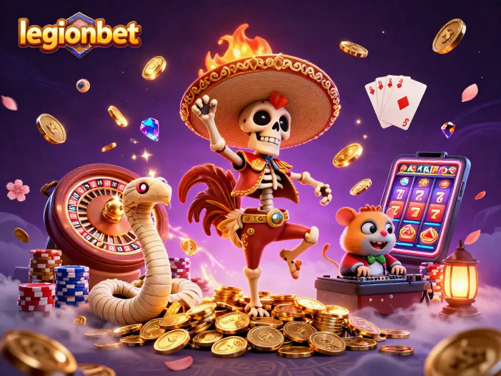 Engaging illustration of legionbet's animated casino characters celebrating amidst a flurry of coins and diamonds.
