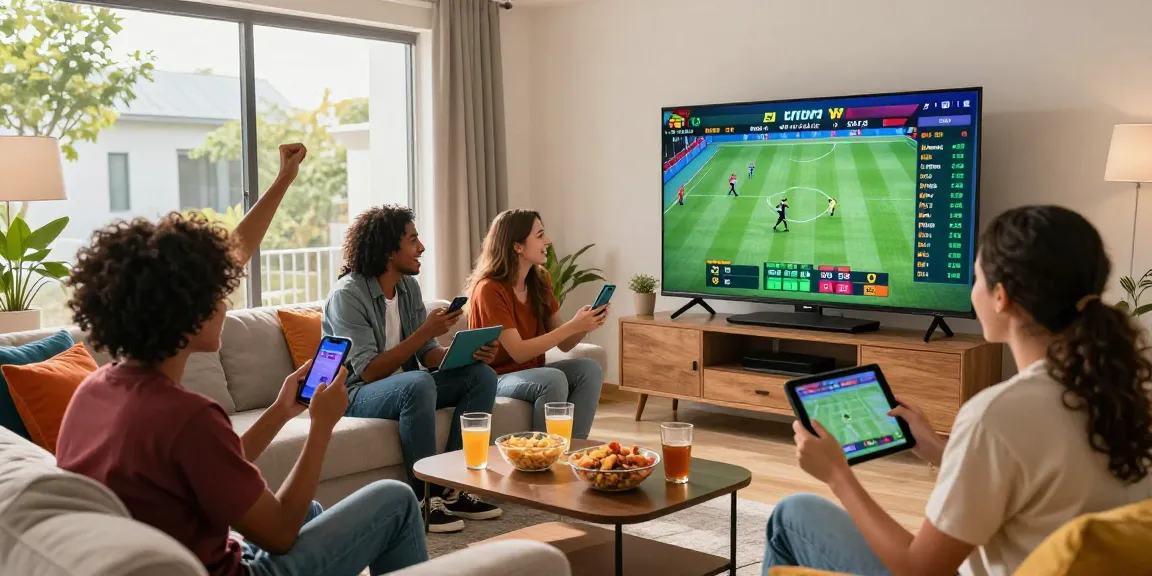 Exciting TK999 online sports betting scene with friends cheering on a big screen, smartphones in hand in a lively living room.