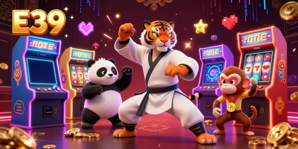 E39 showcases a vibrant 3D casino scene featuring a kung fu tiger master, a panda disciple, and a monkey stealing a medal amidst slot machine elements.