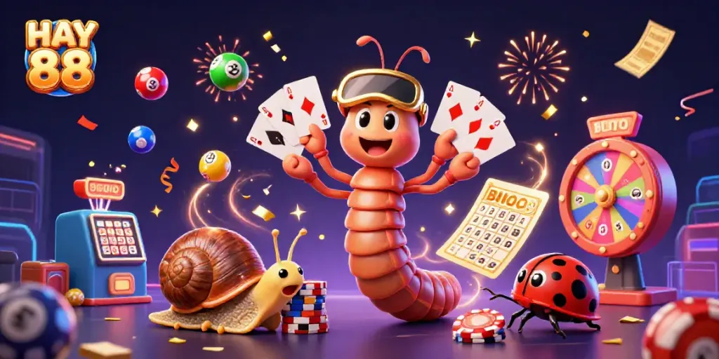 Experience the thrill of HAY 88 with a cartoon dealer and high-roller excitement in a vibrant casino scene.