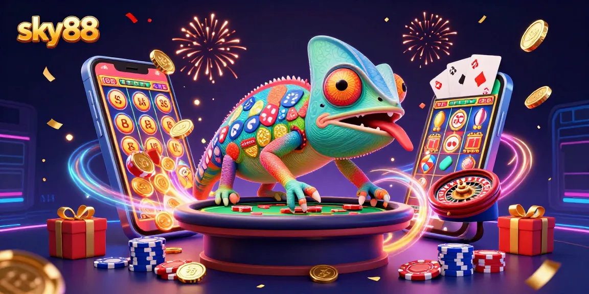 Experience thrilling wins with sky88's chameleon casino owner snapping up coins in a vibrant gaming scene.