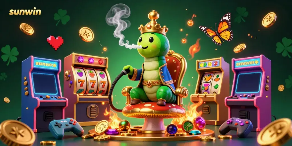 Experience the thrill of sunwin with a vibrant 3D casino scene featuring a whimsical caterpillar master, slot machines, and sparkling treasures.