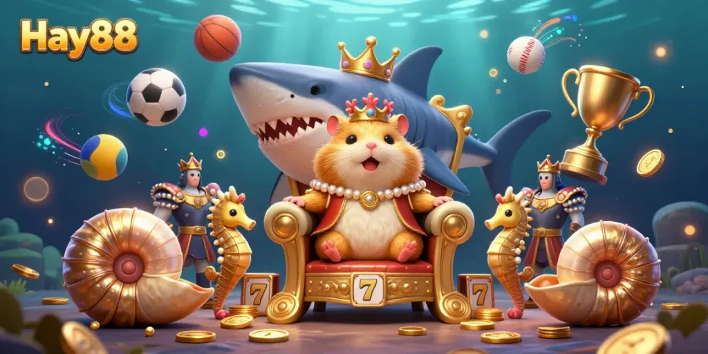 Experience thrilling slots and jackpots with Hay88's vibrant casino illustration featuring a hamster king and treasure.
