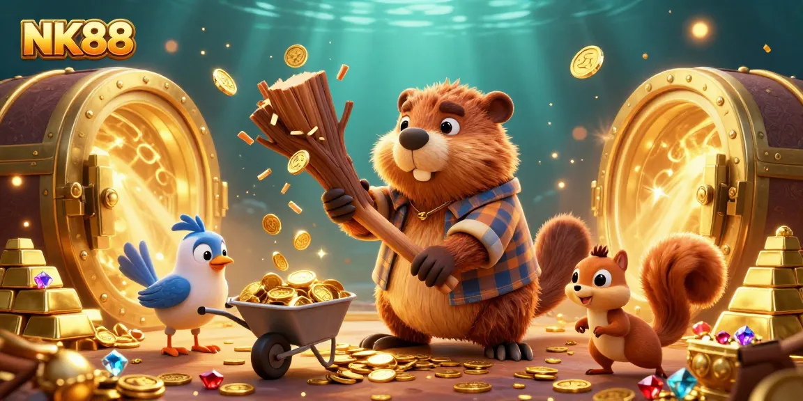 Experience thrilling gaming action with NK88 featuring a cartoon beaver and friends amidst a gold treasure scene.