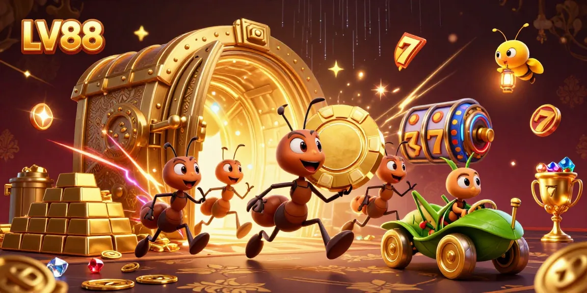 Win big at LV88 with ants carrying a giant golden poker chip in a dazzling casino heist scene.