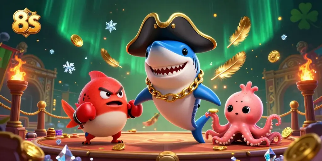 Bet big with 8S: a lively 3D cartoon scene of a pirate shark and friends in a casino.