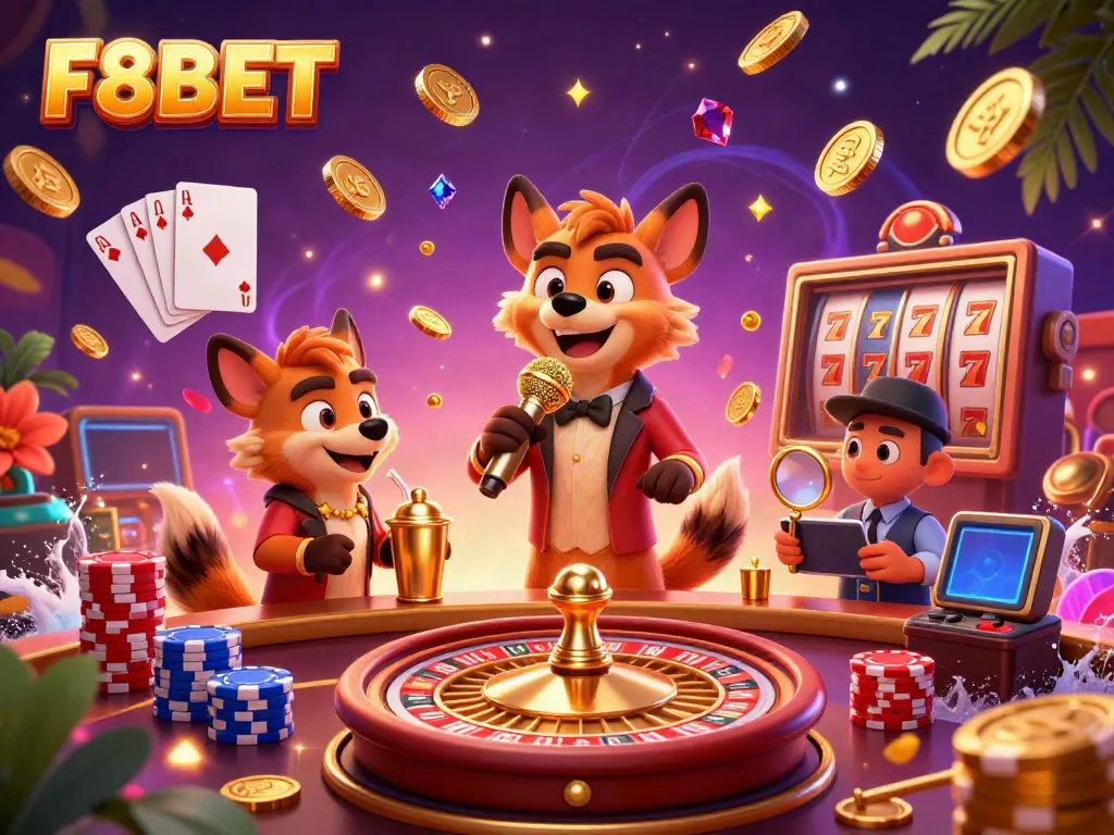 Experience the excitement at F8BET casino with hyenas performing comedy amidst dazzling gaming elements.