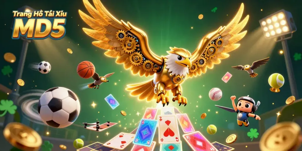 Engage with the thrilling action at Trang Chủ Tài Xỉu MD5 as a cybernetic golden eagle dives through lively gaming elements.