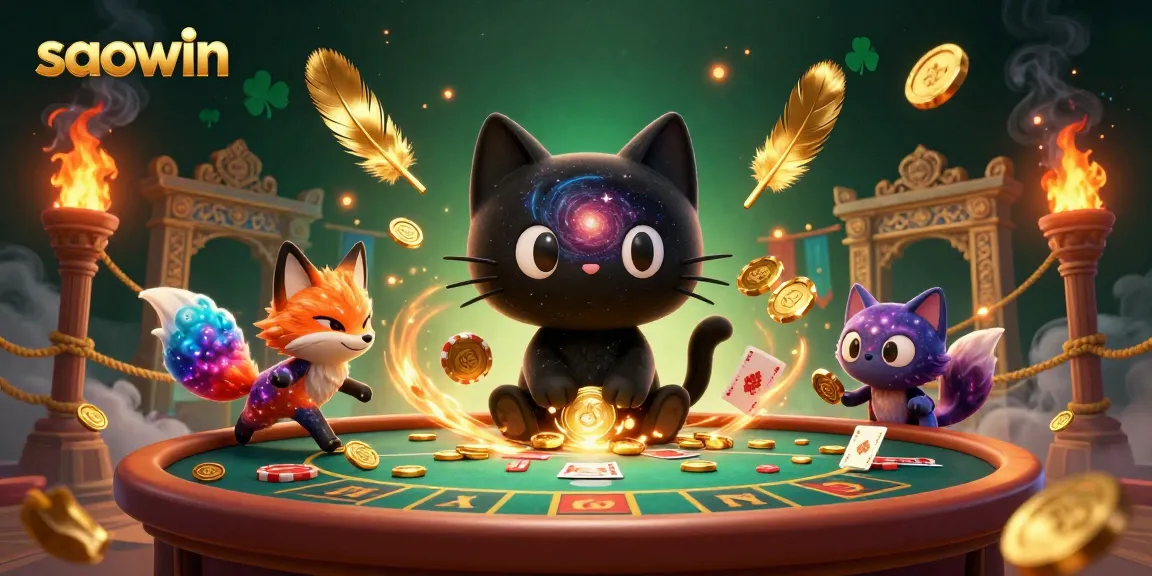 Experience thrilling gaming at Saowin as the black hole cat pulls in golden chips at a cosmic casino.