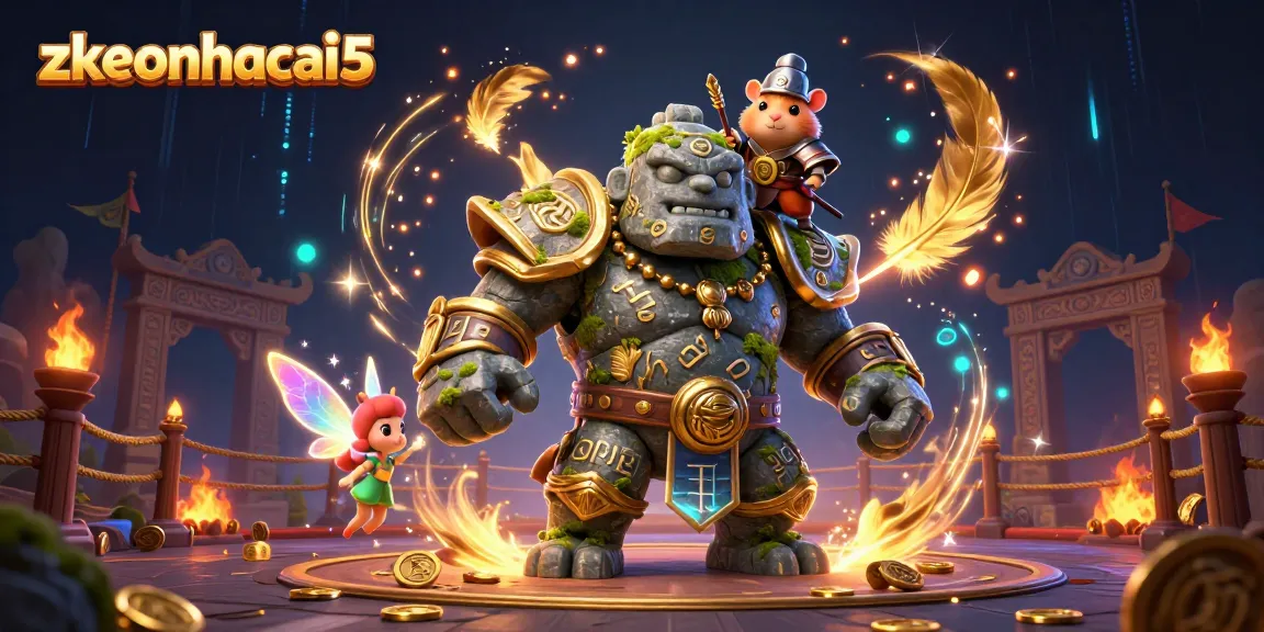 Experience excitement at zkeonhacai5 with golem guardians and magical elements in a vibrant gaming arena.
