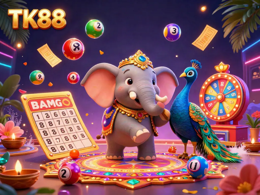 Experience the exhilarating world of TK88 with a 3D elephant and vibrant casino elements creating a captivating visual.