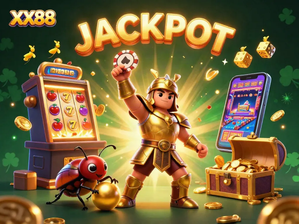 Engage in exhilarating XX88 slots action with a victorious beetle champion amidst a vibrant casino atmosphere.