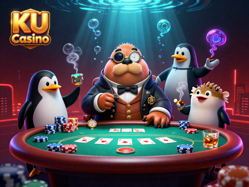 Experience thrilling poker action at KU Casino with a jolly walrus, penguin dealer, and pufferfish player.