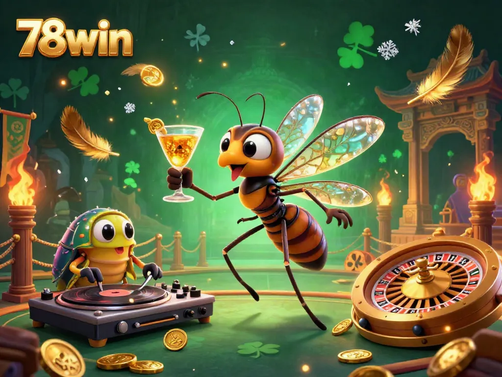 Experience the thrilling casino ambiance of 78win with a cartoon mosquito mascot and a trilobite DJ in this vibrant 3D illustration.