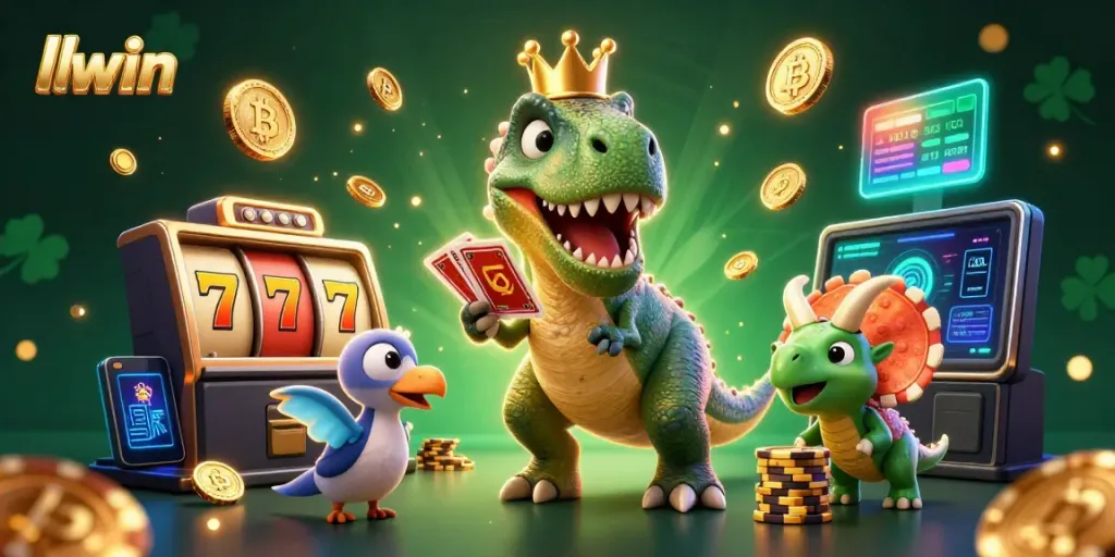 Experience thrilling gameplay with llwin as a T-Rex shuffles cards while pterodactyl helps and triceratops stacks chips.