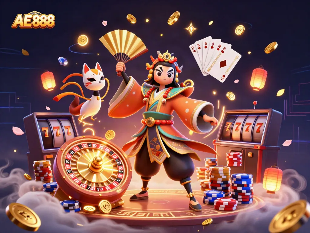 Experience vibrant gameplay at AE 888 with interactive casino elements like golden coins and cards.