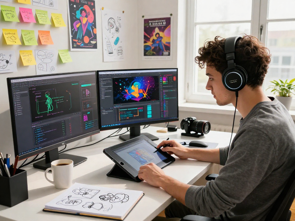 Creative professional designing NSFW AI content in a vibrant digital studio.