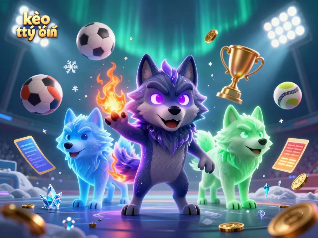 Engage with kèo trực tuyến in an energetic setting featuring spectral wolves and dynamic sports elements.