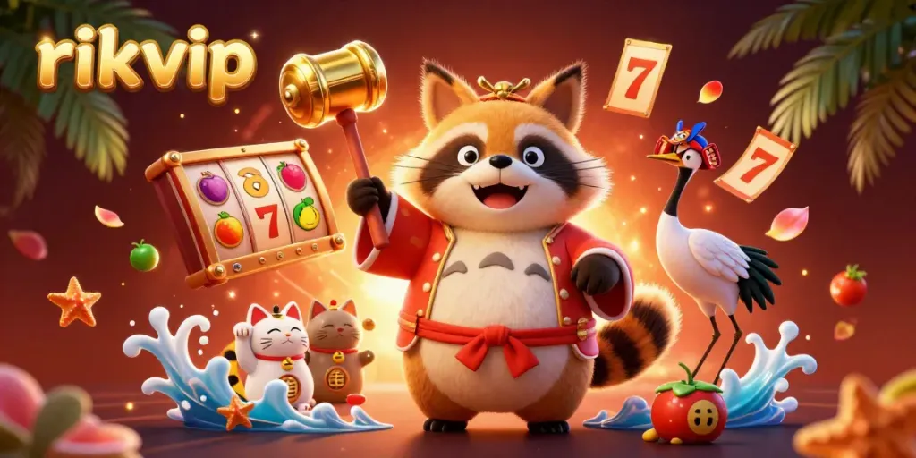 Experience vibrant slot action with rikvip's charming tanuki and festive elements