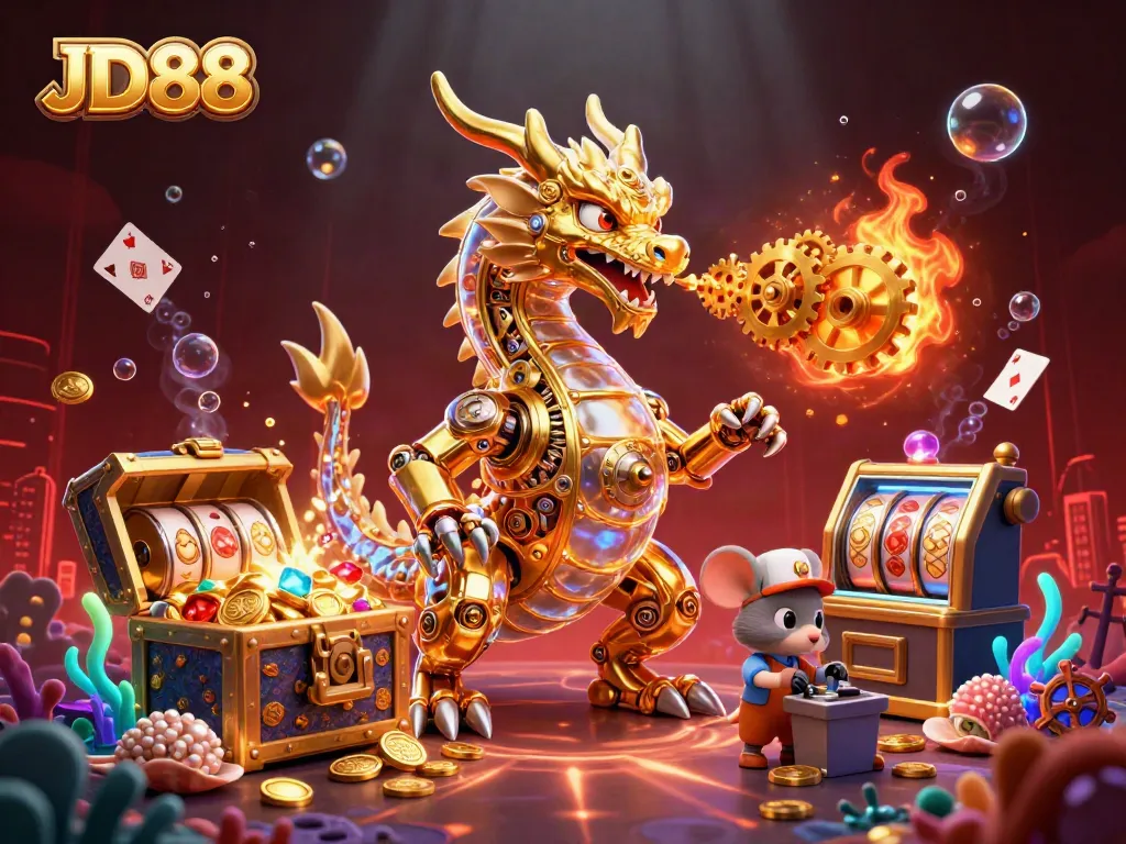 Experience exhilarating gameplay at JD88 with vibrant illustrations of casino elements and golden treasures.