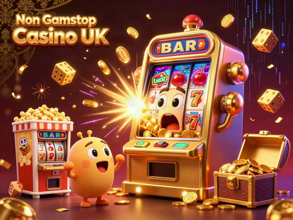 Experience the excitement at a Non Gamstop Casino UK with a golden slot machine hitting a jackpot surrounded by cheering characters.