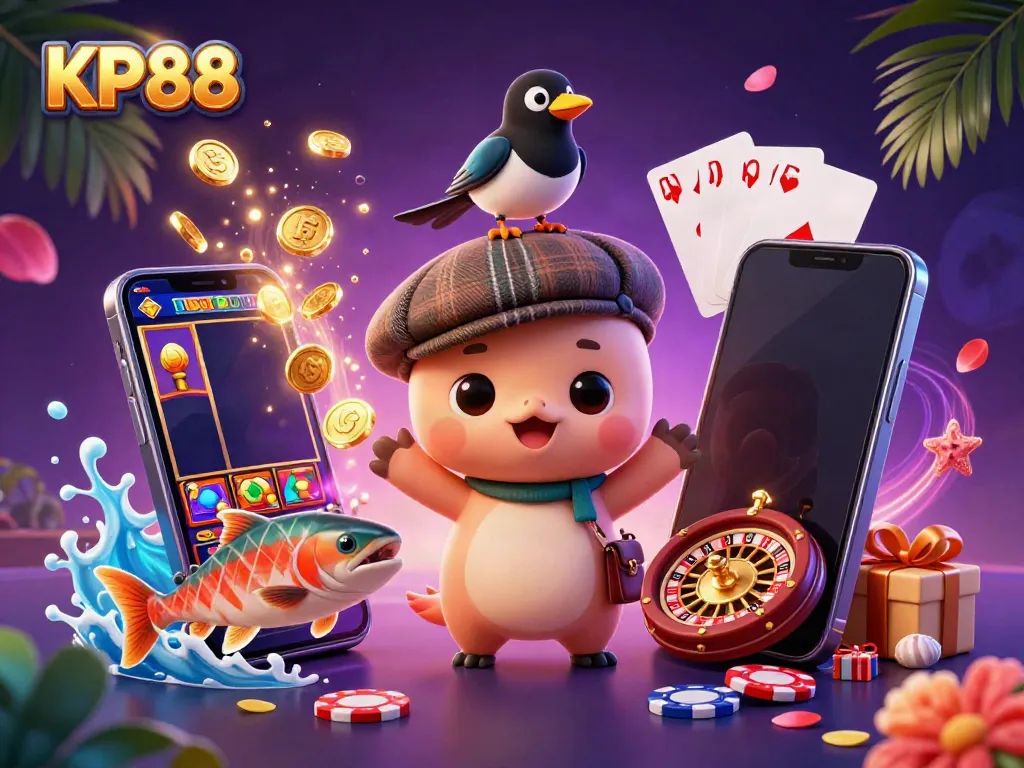 Experience dynamic casino gaming with KP88 featuring characters immersed in vibrant slot game action.