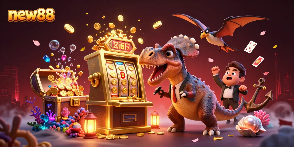 new88 jackpot scene with cartoon dinosaurs at a golden slot machine amid flying coins
