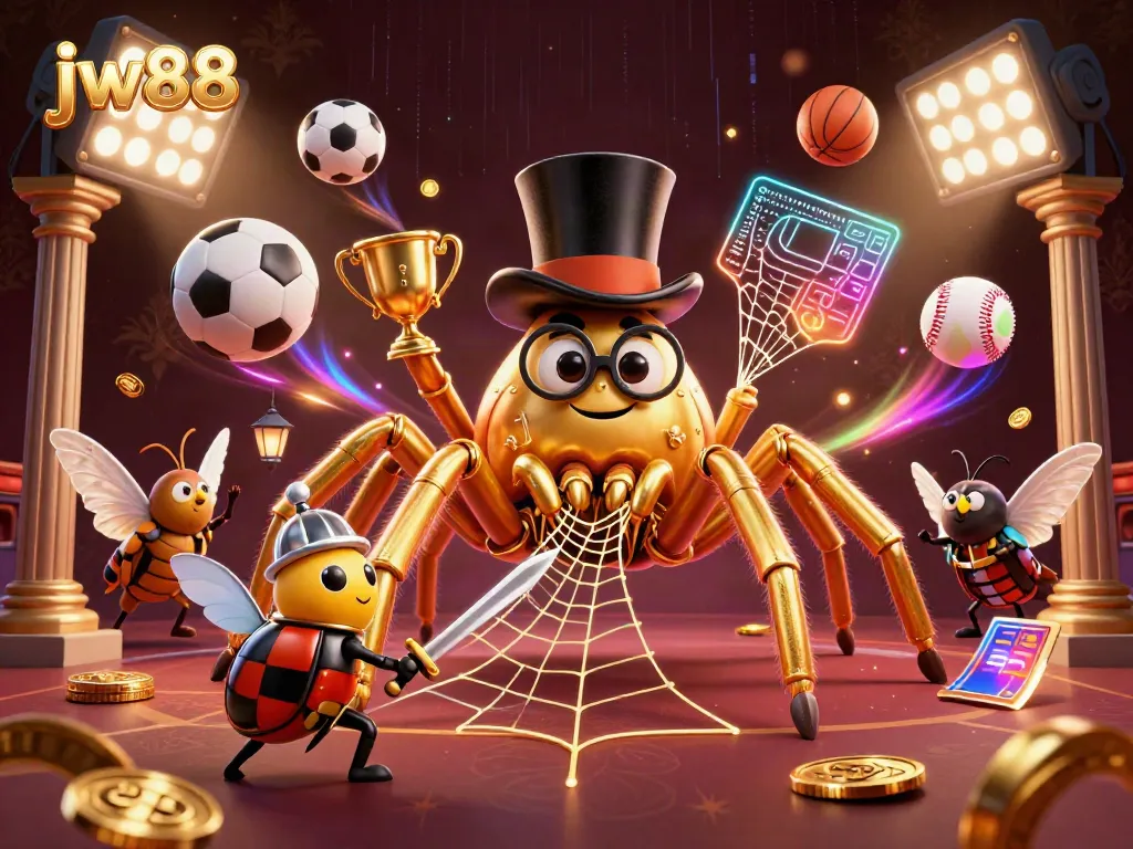 Experience excitement at jw88 with a dynamic scene featuring a giant tarantula, beetle knight, and vibrant sports elements.