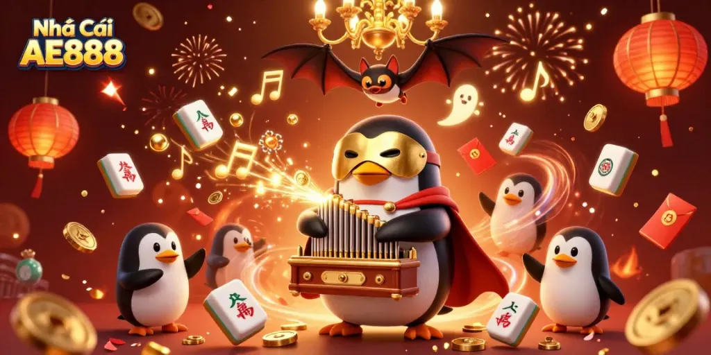 Win big with Nhà Cái AE888 in this festive casino-themed illustration.